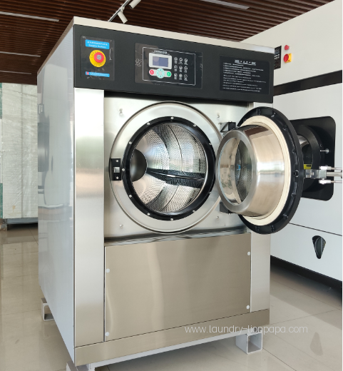 Front-loading washer-extractor with its door open