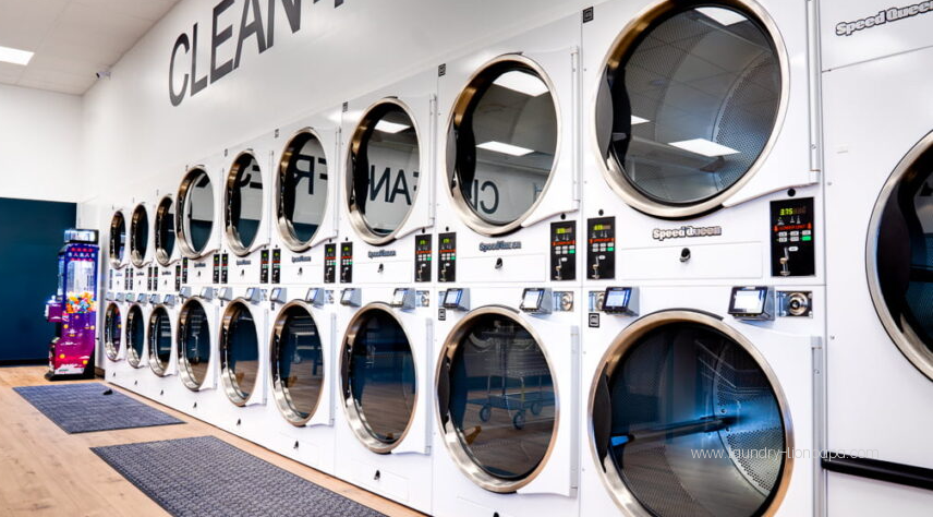 General laundromat illustration showing Speed Queen equipment