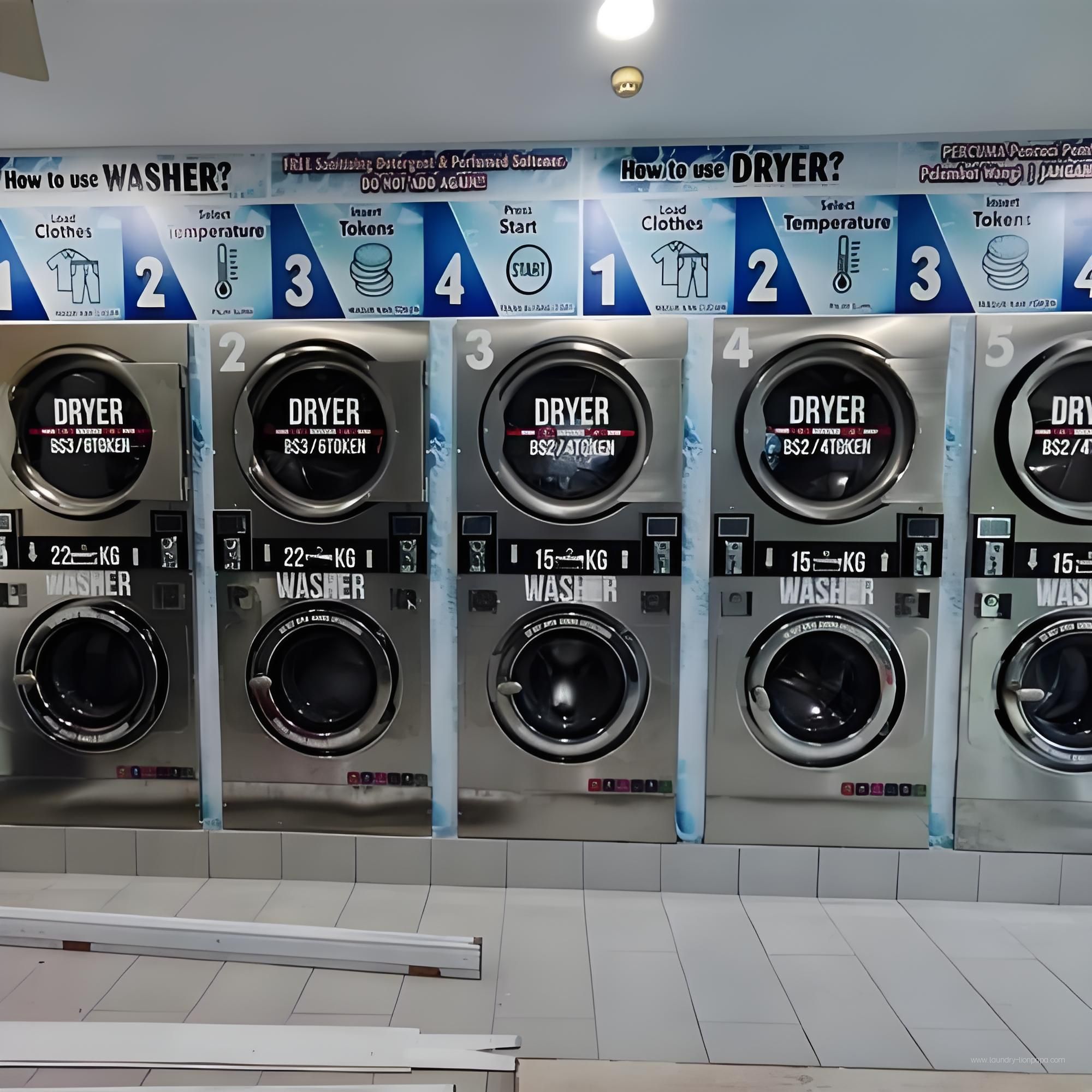 Stacked laundry equipment in a self-service shop